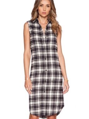 Jenni Kayne Plaid Flannel Shirt Dress Size Large  Black White Button Up Casual